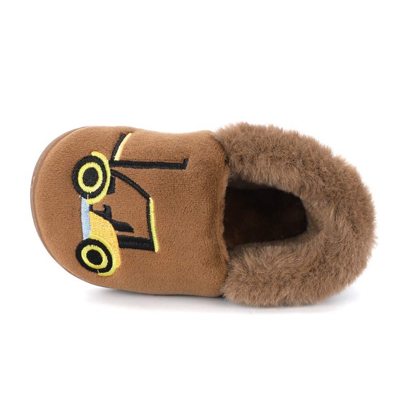 ESTAMICO Boys Girls Warm Slippers Cartoon Truck Kids Winter Indoor Household Shoes, Khaki 9-10 Toddler - Image 4